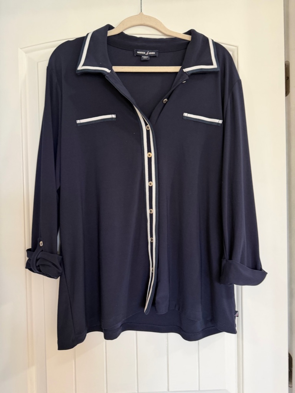 Nautica Navy Button-Front Shirt with White Trim and 3/4 cuffed sleeves